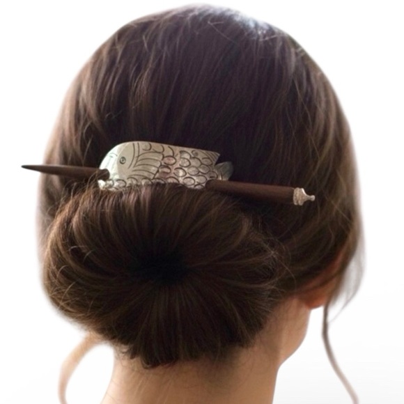No Brand Listed Accessories - Narwhal Hair Fork Bun Holder Silver Wood Hair Stick Boho Updo Pin